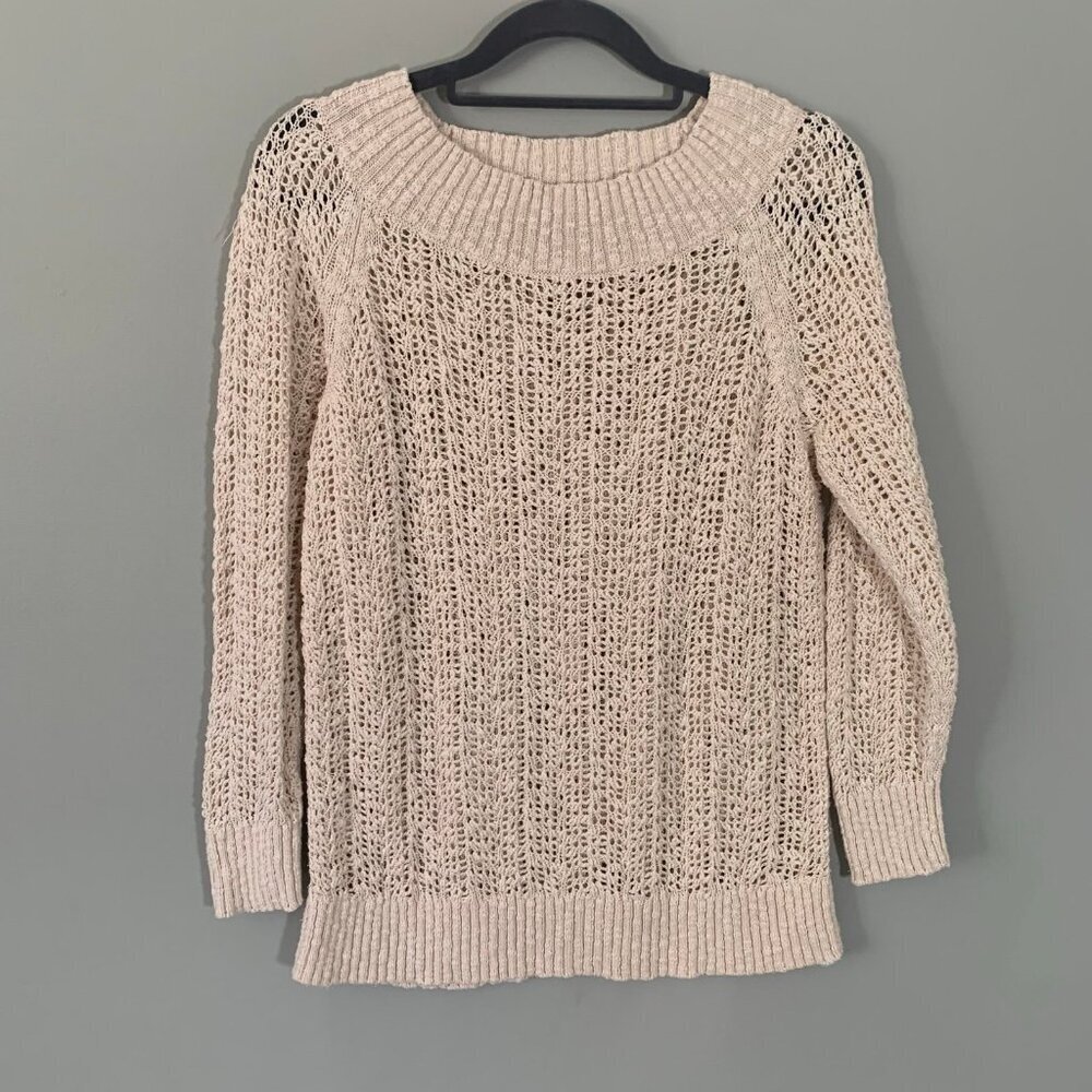 LOFT Cream Beige Open Knit Crochet Boat Neck Sweater Small Raglan Sleeve